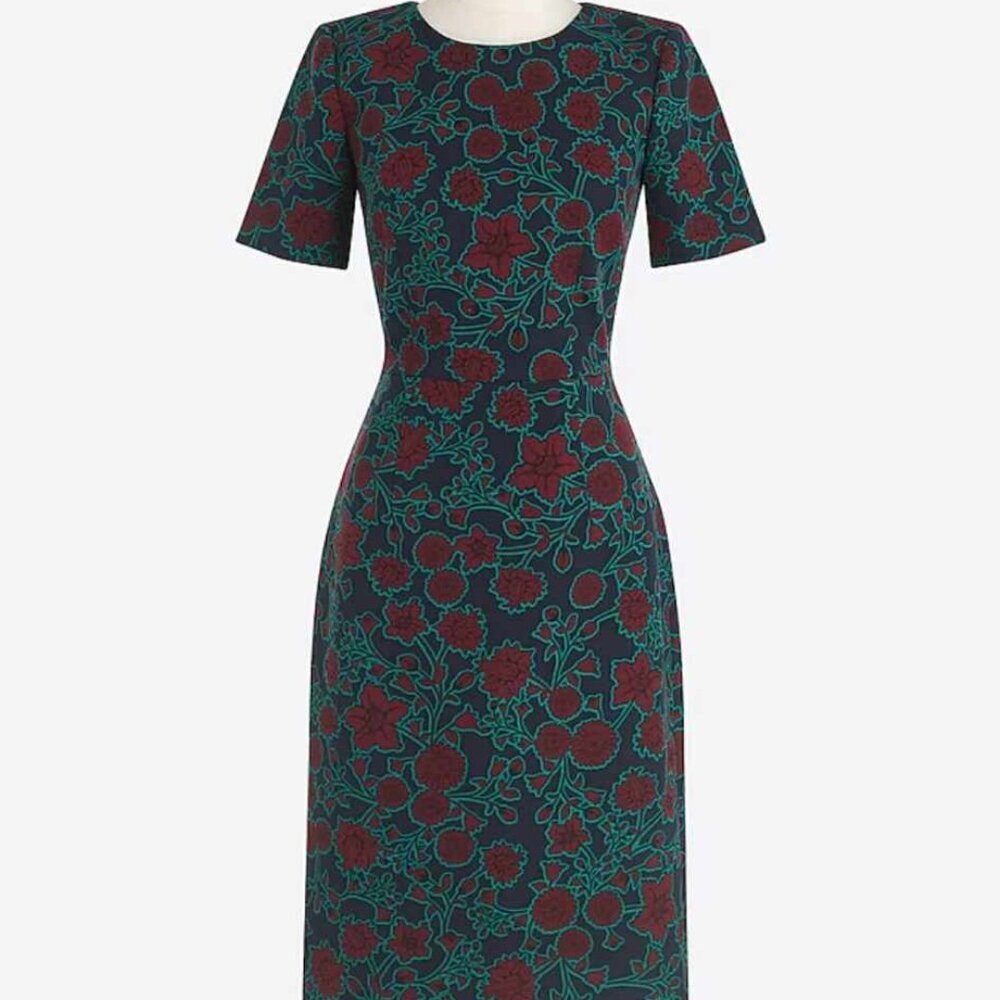 J Crew Short-Sleeve Printed Dress - Blue Burgundy Floral Print - Picture 4 of 12